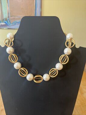 VTG Anne Klein Signed MCM Atomic Haute Couture Faux Pearl Chunky Necklace 19"